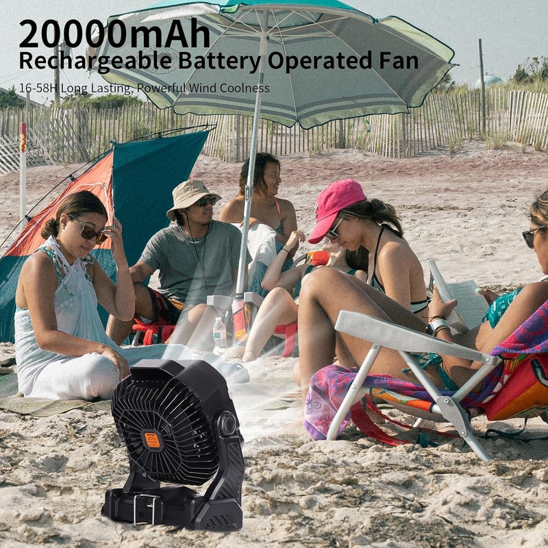 WESTTREE 20000mAh Camping Fan with LED Lantern USB TpyeC Rechargeable Battery Operated Fan Outdoor Fans with Light & Hook,4 Speeds Personal USB Desk for Camping Black X26A - Image 2